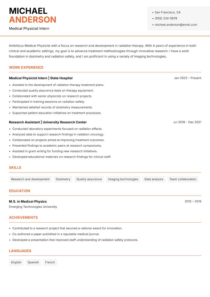 Medical Physicist resume template — Modern Professional