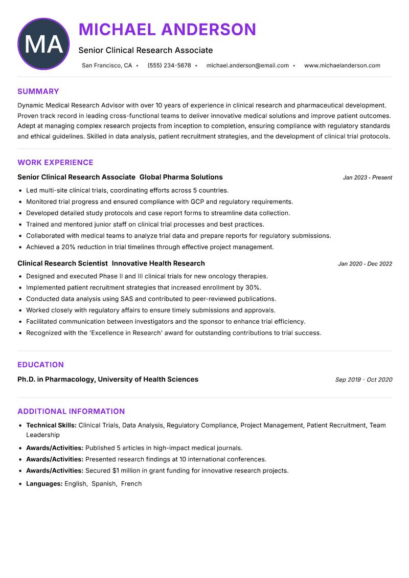 Medical Research Advisor resume example — ATS-friendly template