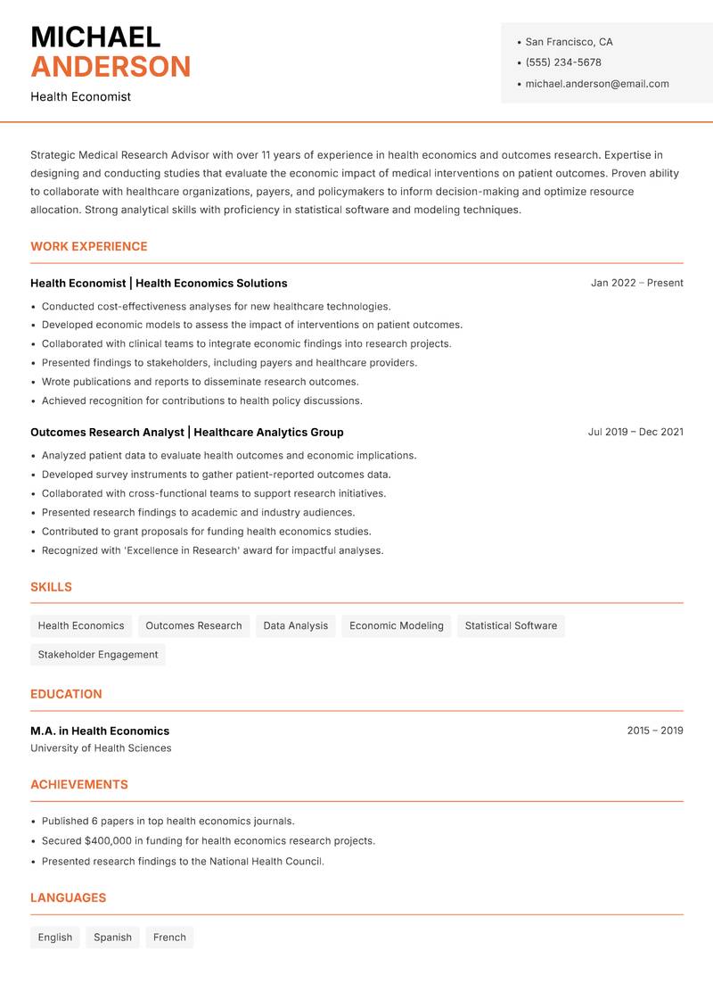 Medical Research Advisor resume template — Modern Professional
