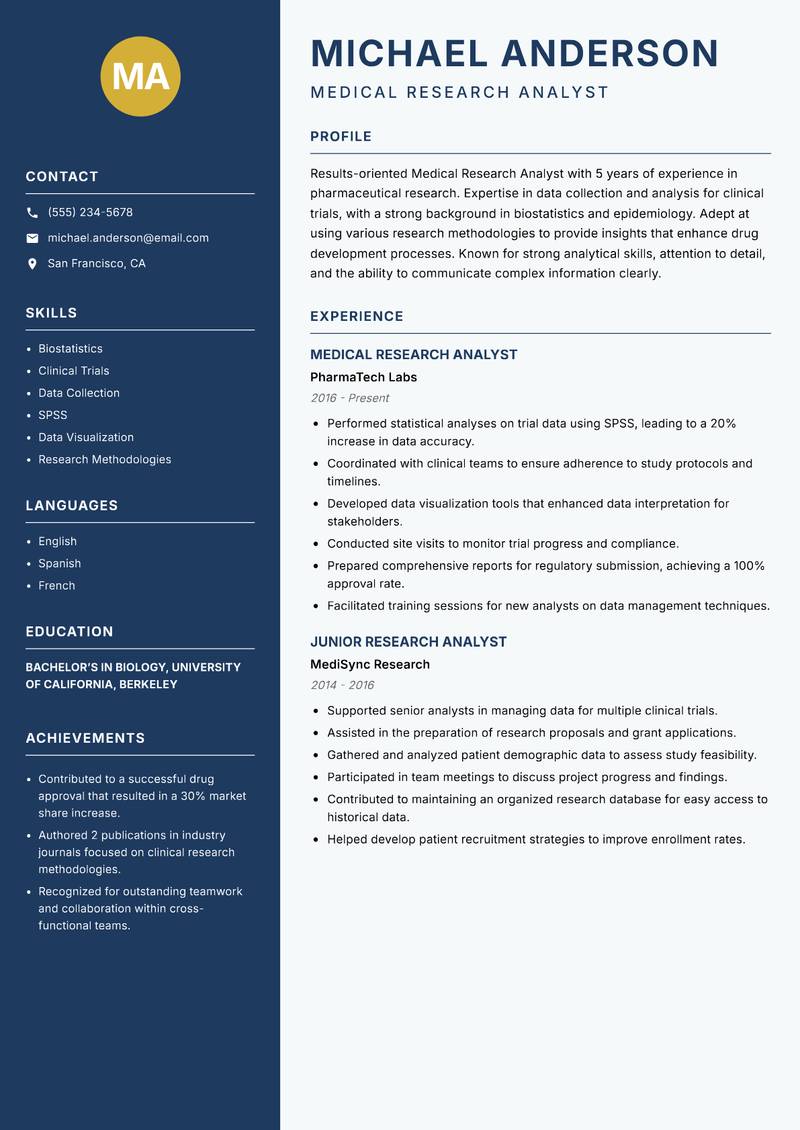 Medical Research Analyst resume template — Classic Clean