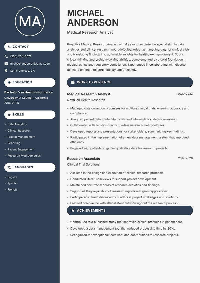 Medical Research Analyst resume template — Compact