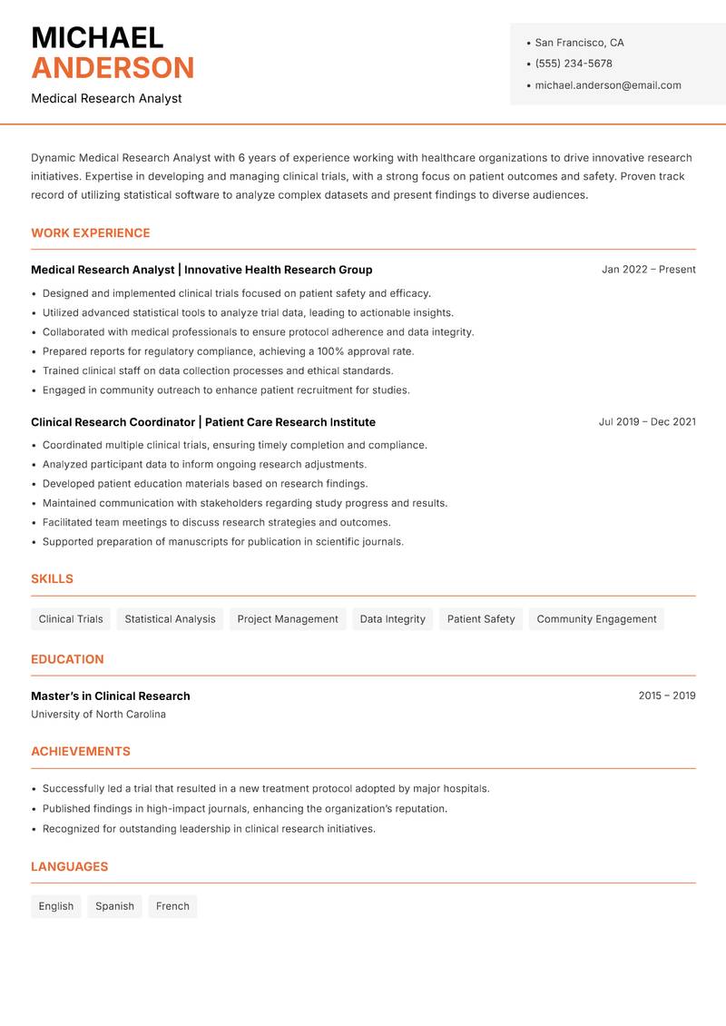 Medical Research Analyst resume template — Modern Professional