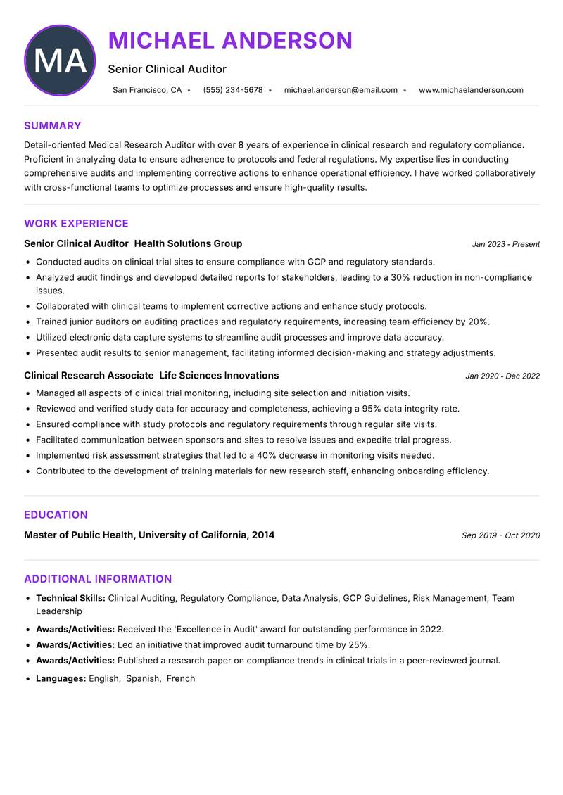 Medical Research Auditor resume example — ATS-friendly template