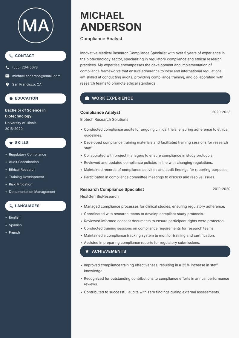 Medical Research Compliance Specialist resume template — Compact