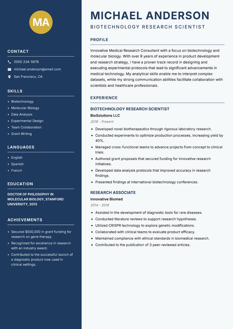 Medical Research Consultant resume template — Classic Clean