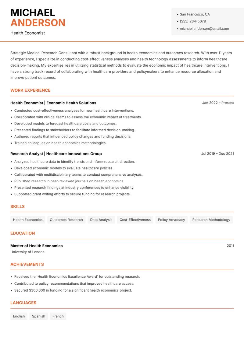 Medical Research Consultant resume template — Modern Professional