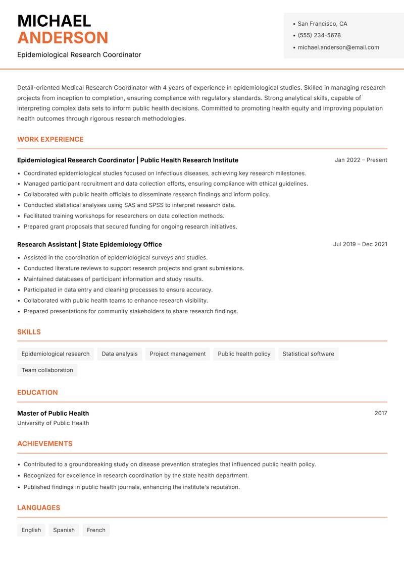 Medical Research Coordinator resume template — Modern Professional
