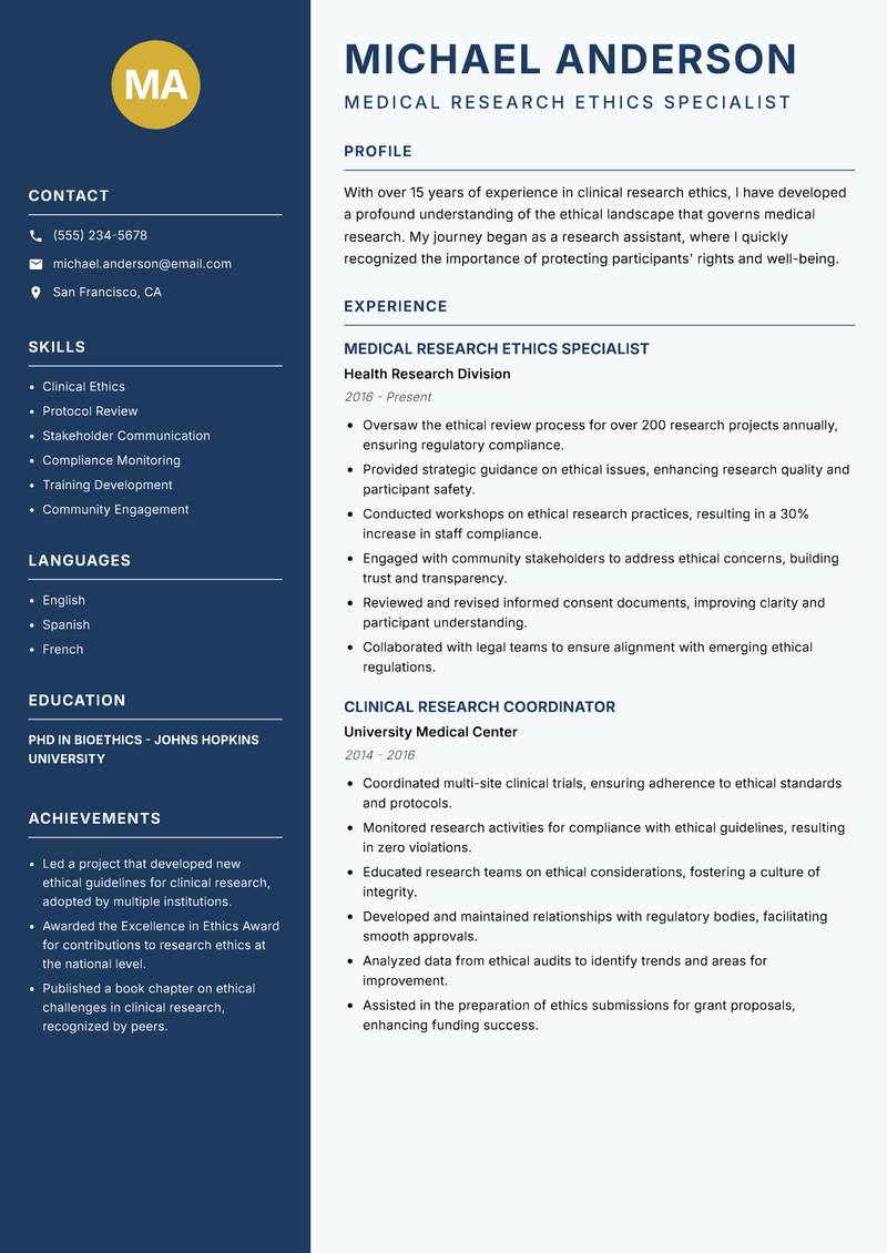 Medical Research Ethics Specialist resume template — Classic Clean