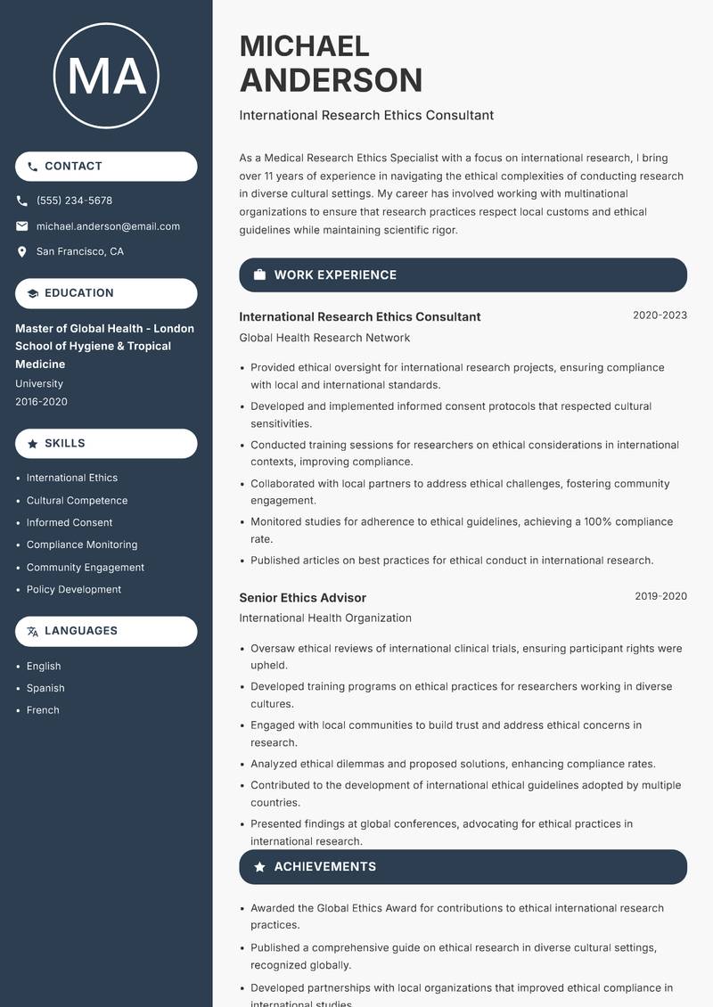 Medical Research Ethics Specialist resume template — Compact
