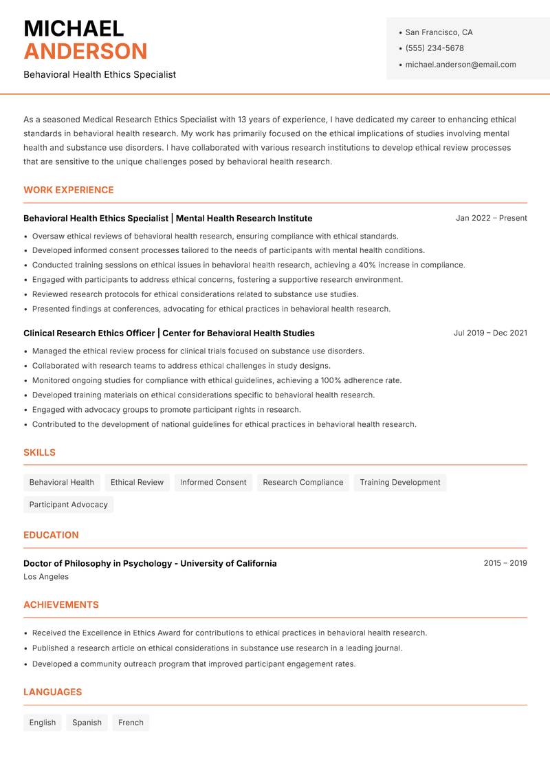 Medical Research Ethics Specialist resume template — Modern Professional