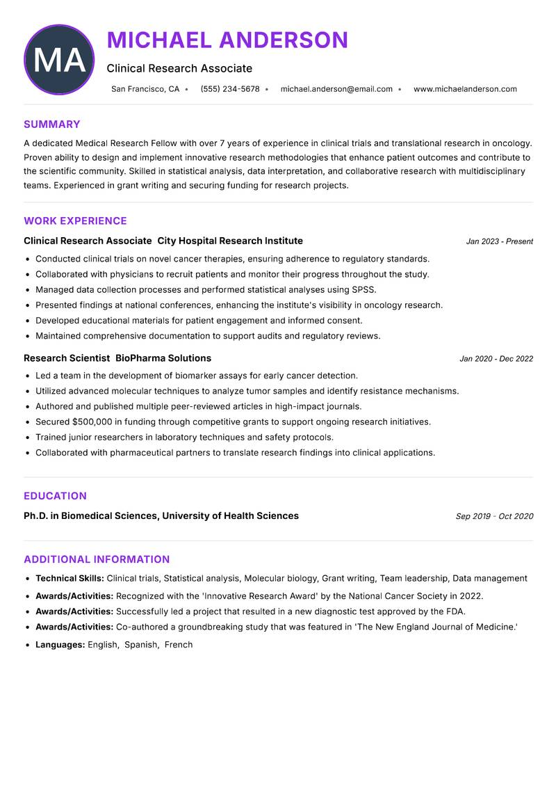 Medical Research Fellow resume example — ATS-friendly template