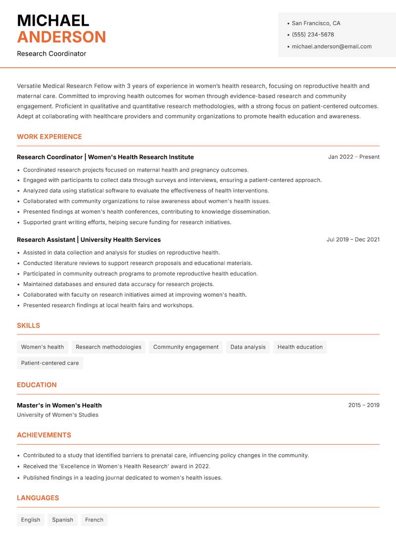 Medical Research Fellow resume template — Modern Professional