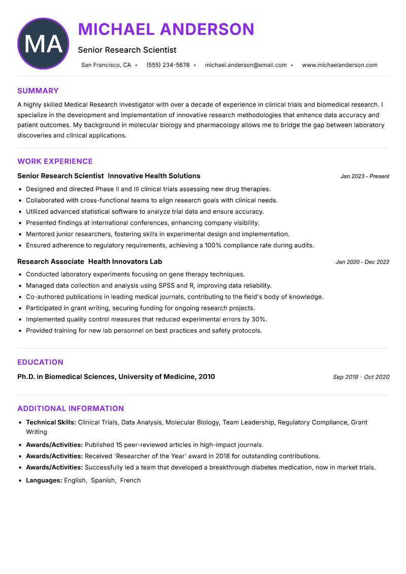 Medical Research Investigator resume example — ATS-friendly template