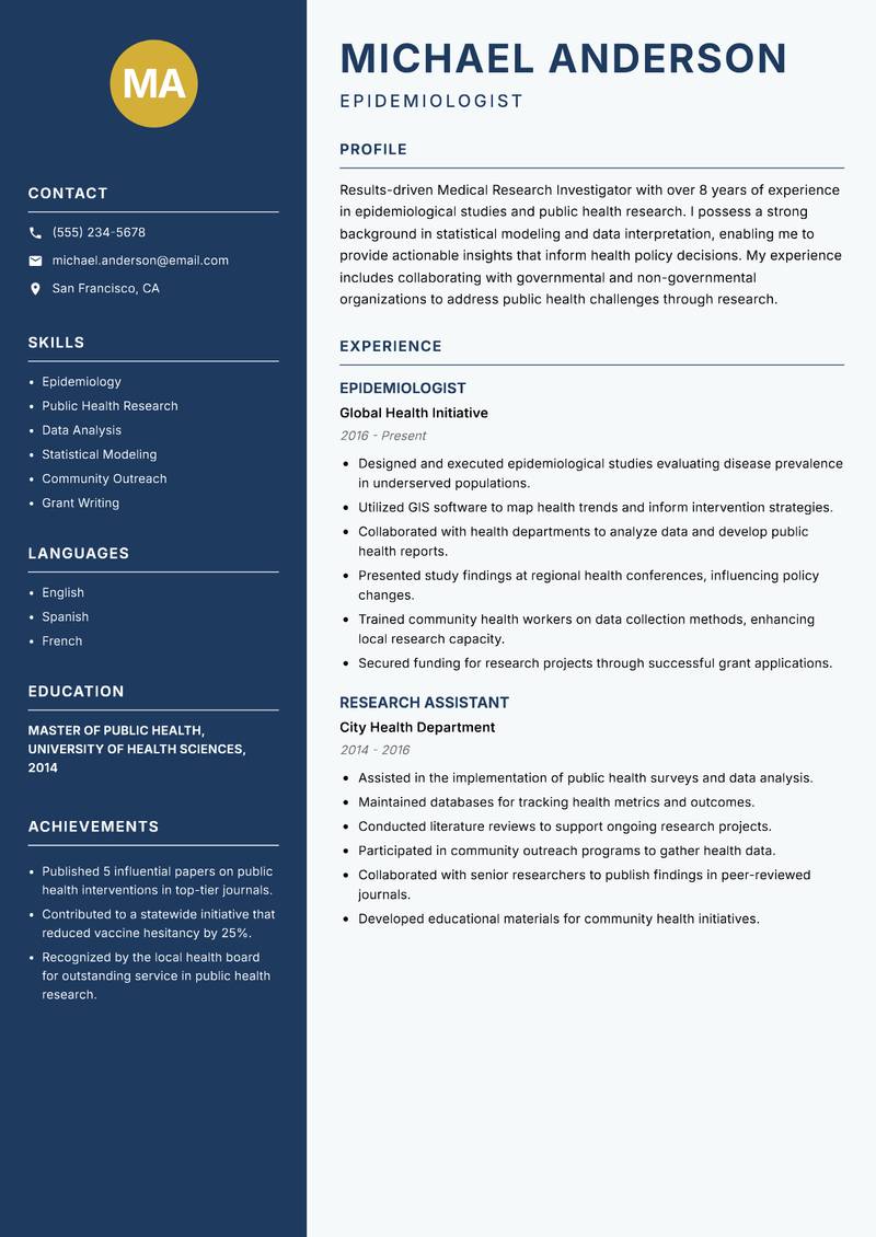 Medical Research Investigator resume template — Classic Clean