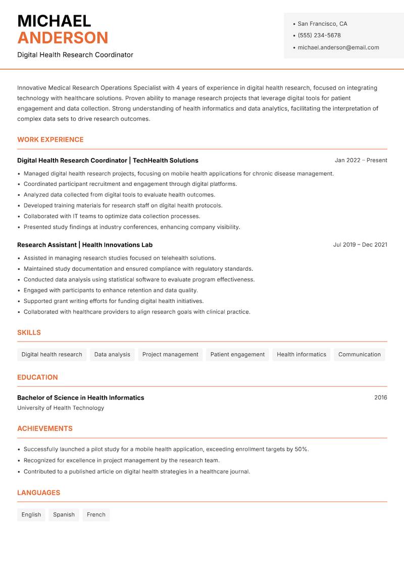 Medical Research Operations Specialist resume template — Modern Professional