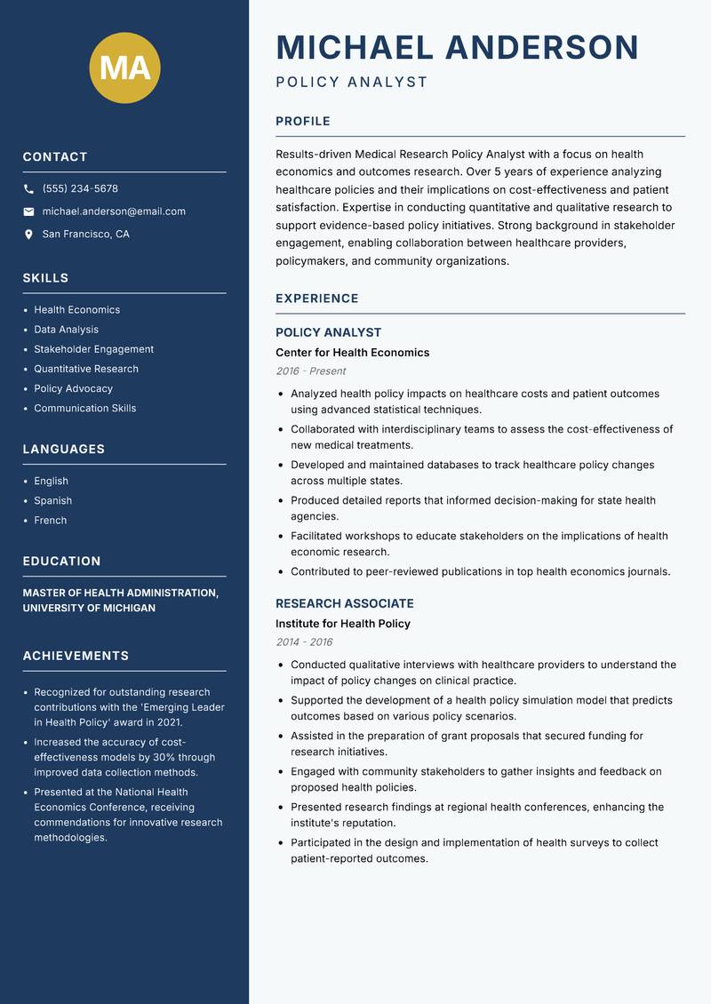 Medical Research Policy Analyst resume template — Classic Clean