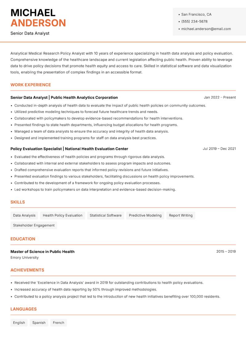 Medical Research Policy Analyst resume template — Modern Professional