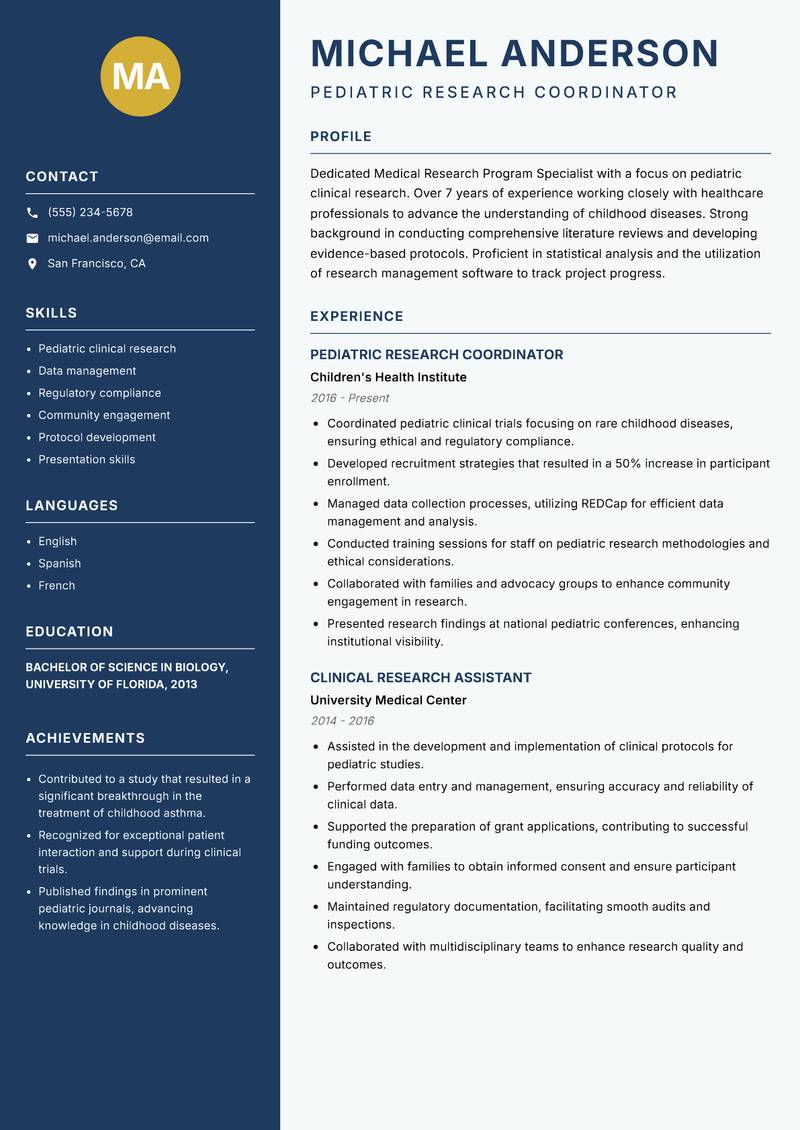 Medical Research Program Specialist resume template — Classic Clean