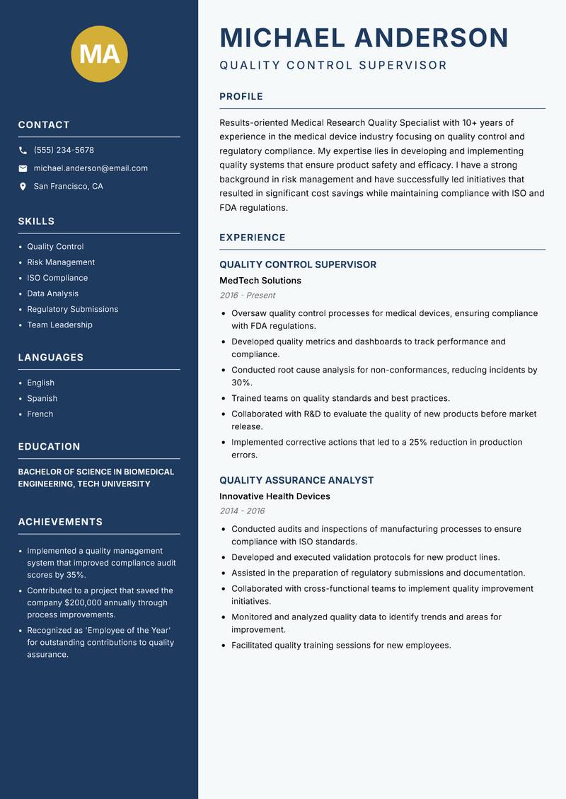 Medical Research Quality Specialist resume template — Classic Clean