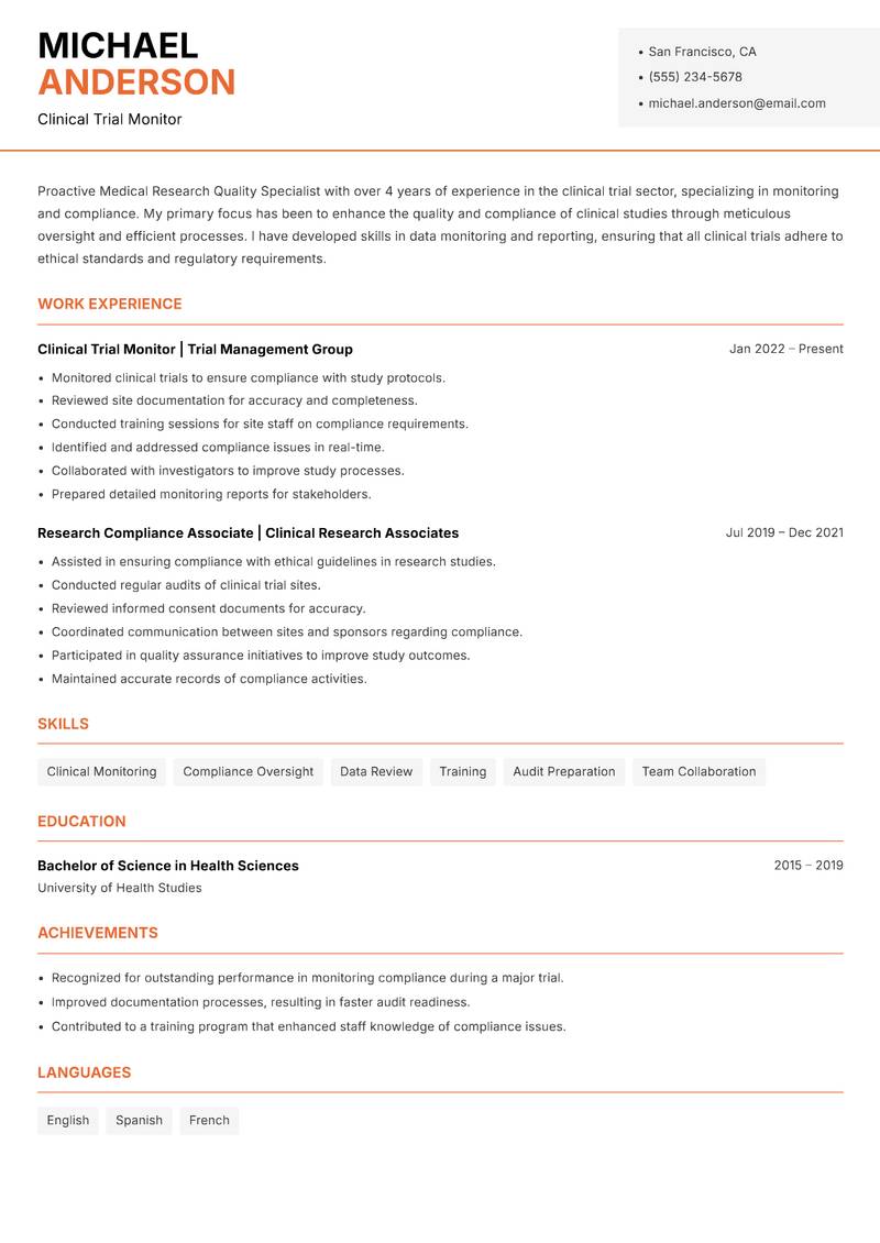 Medical Research Quality Specialist resume template — Modern Professional