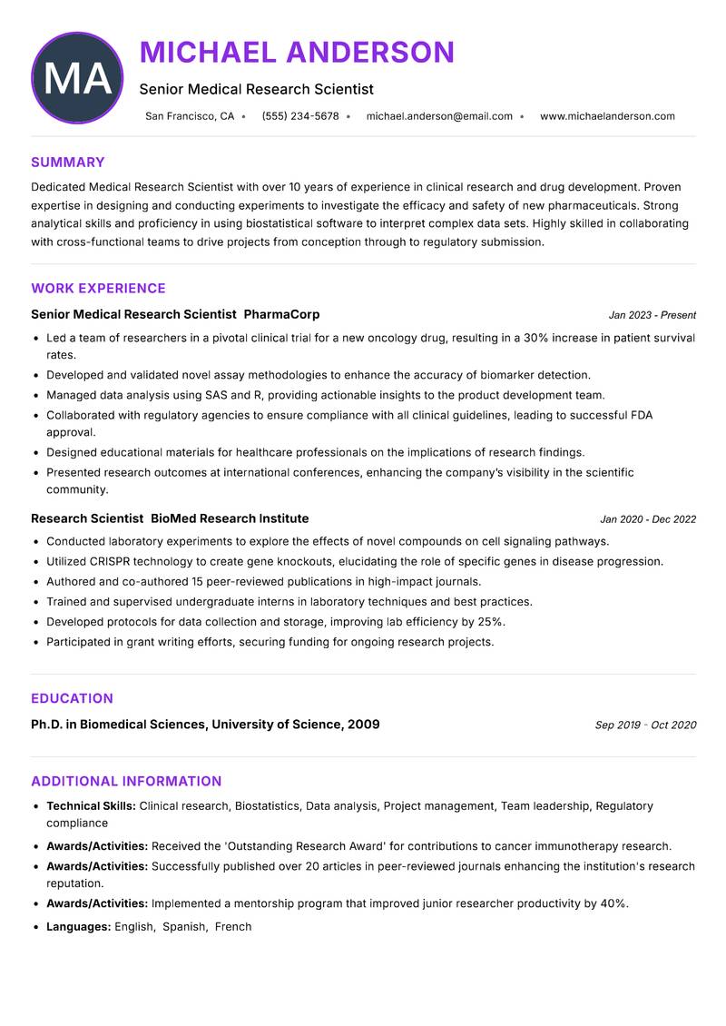 Medical Research Scientist resume example — ATS-friendly template