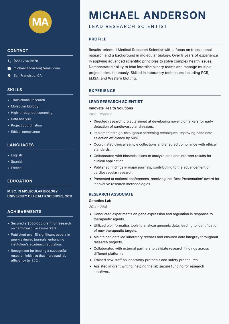 Medical Research Scientist resume template — Classic Clean