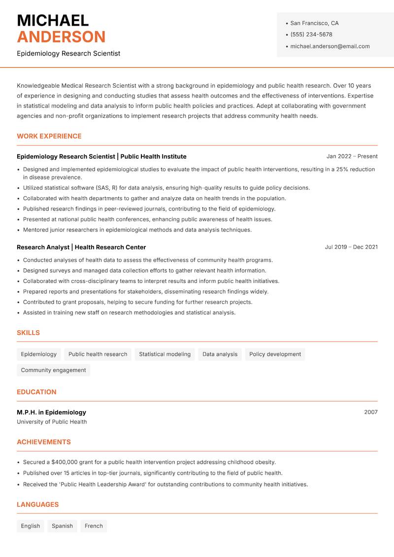 Medical Research Scientist resume template — Modern Professional