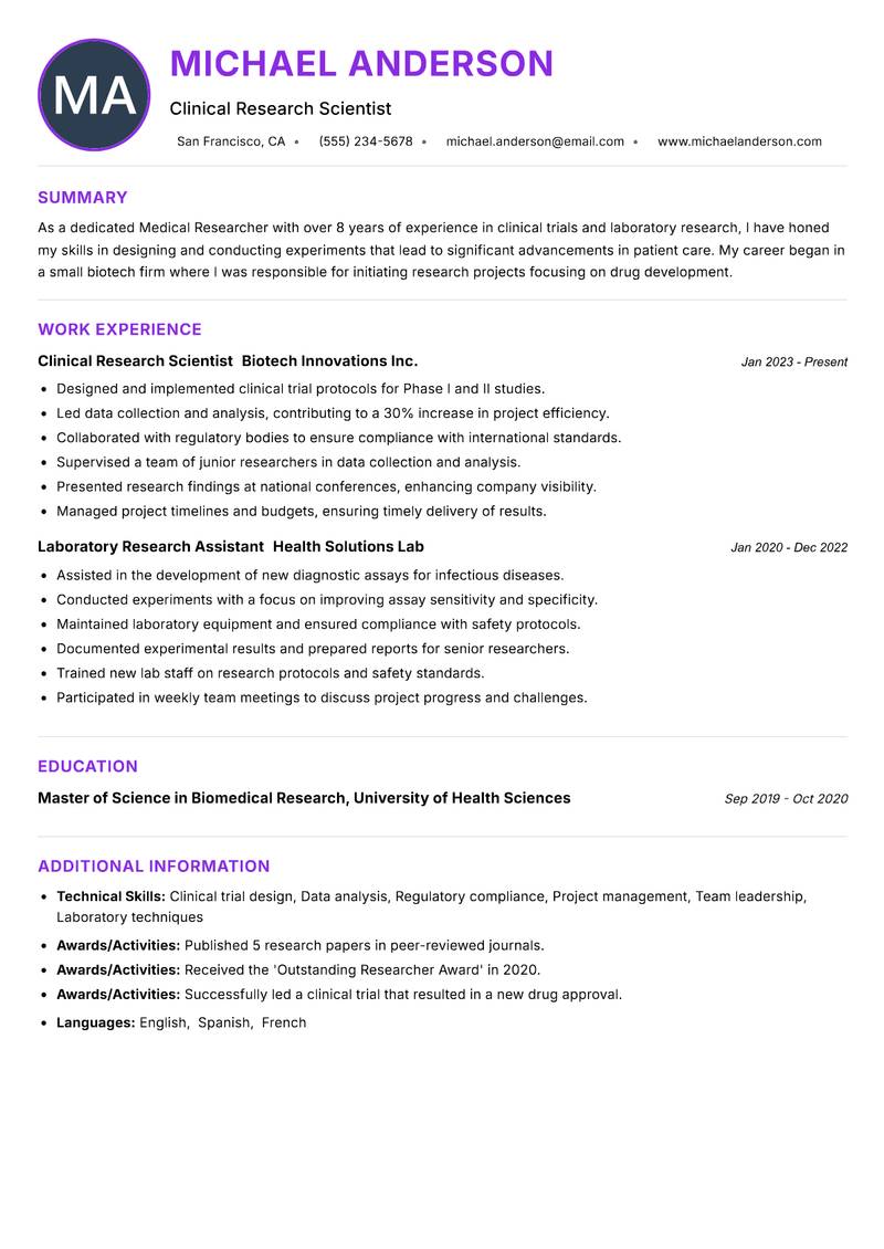 Medical Researcher resume example — ATS-friendly template