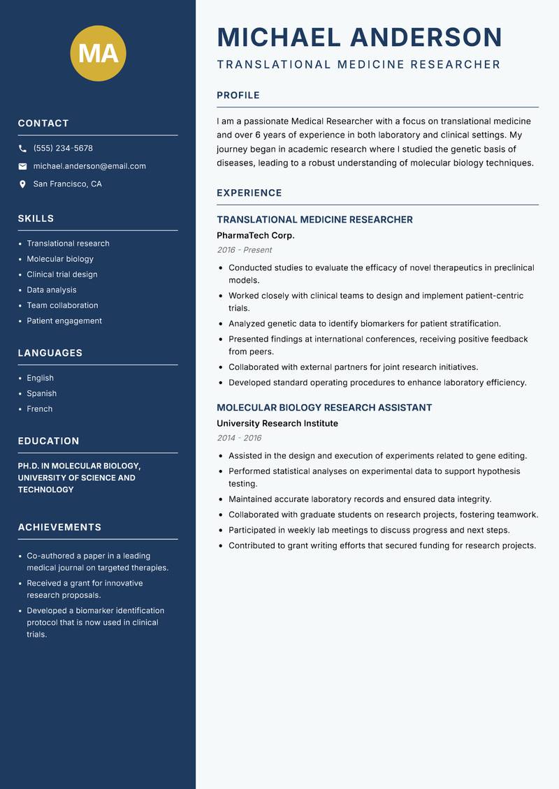 Medical Researcher resume template — Classic Clean