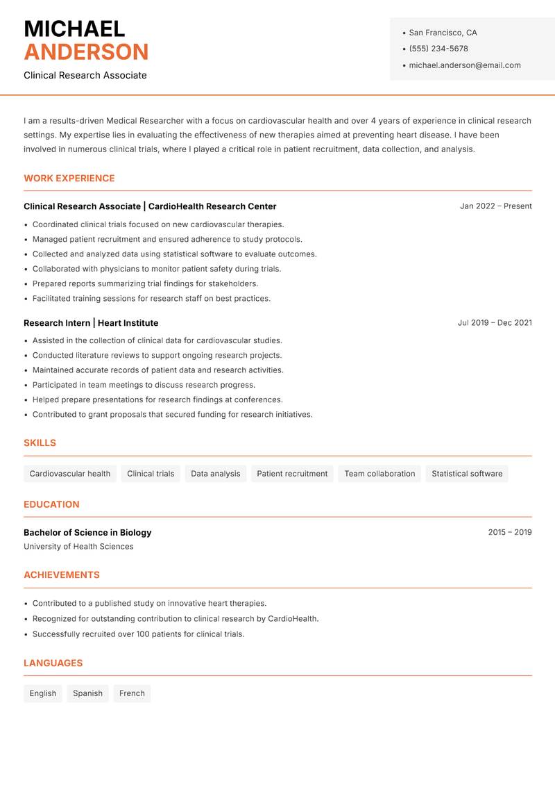 Medical Researcher resume template — Modern Professional