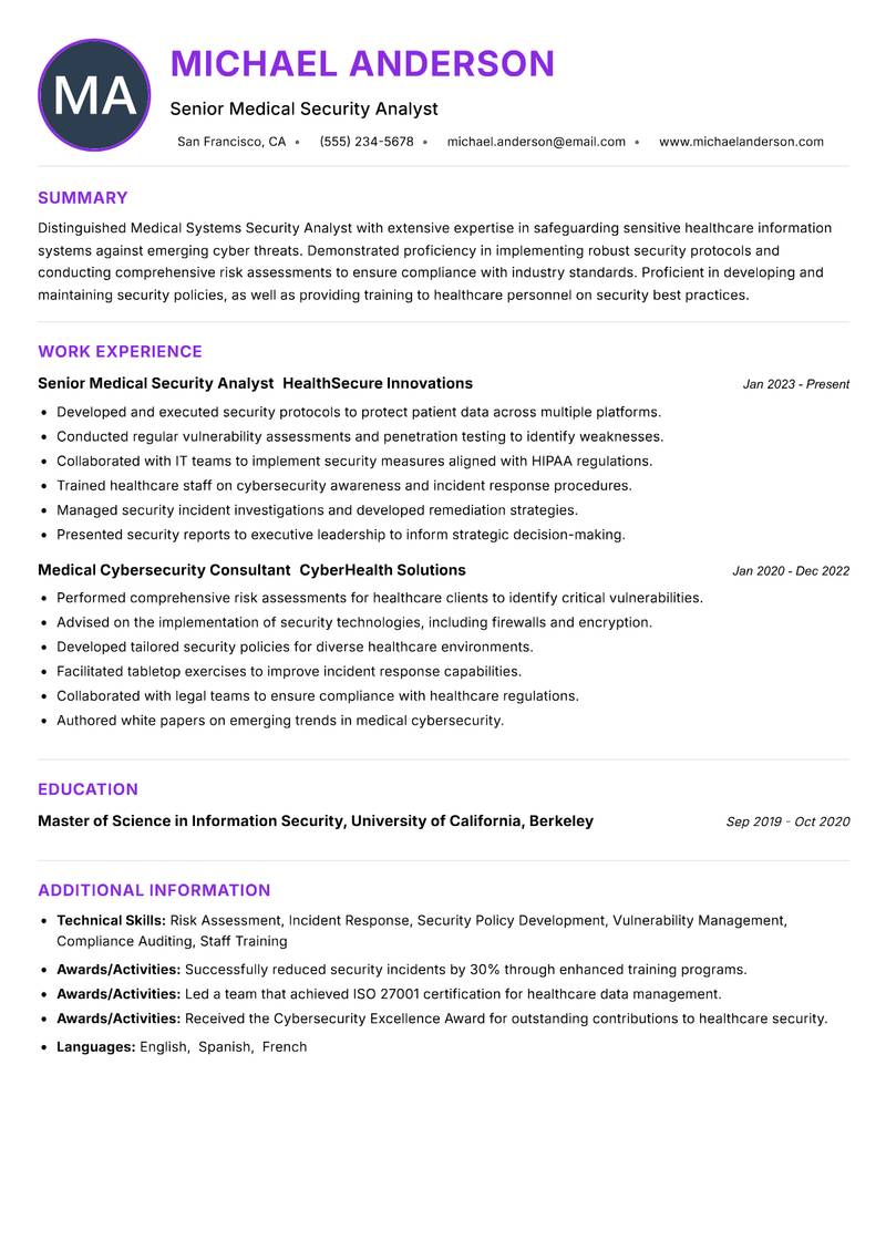 Medical Systems Security Analyst resume example — ATS-friendly template