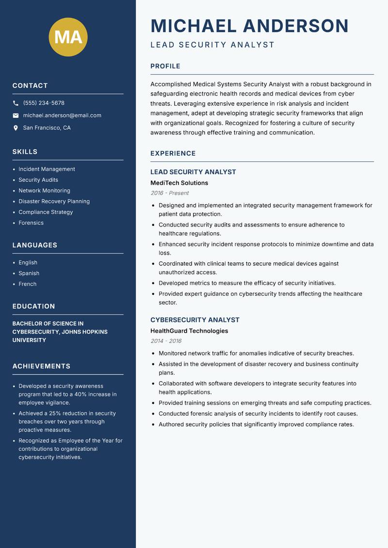 Medical Systems Security Analyst resume template — Classic Clean