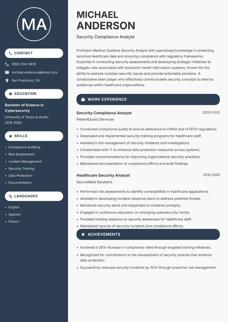 Medical Systems Security Analyst resume template — Compact