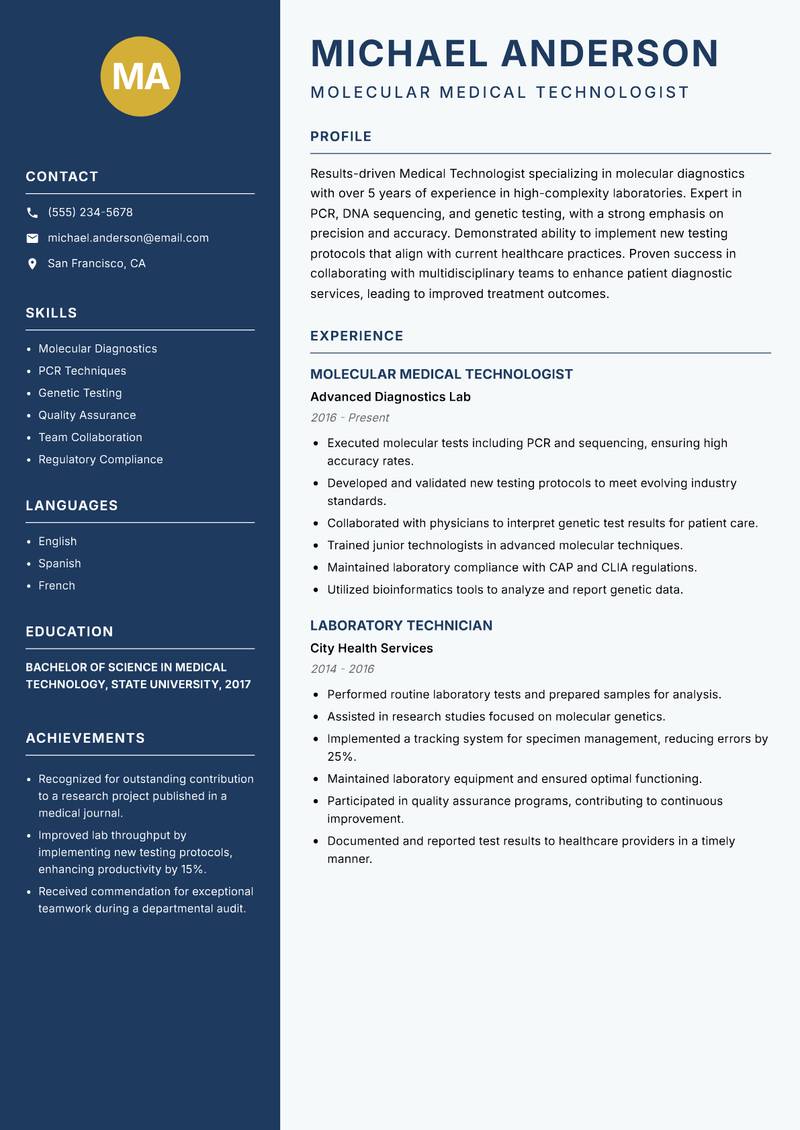 Medical Technologist resume template — Classic Clean