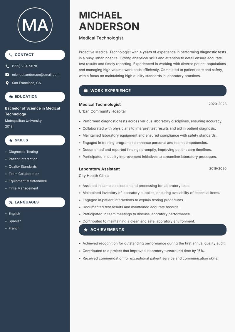 Medical Technologist resume template — Compact
