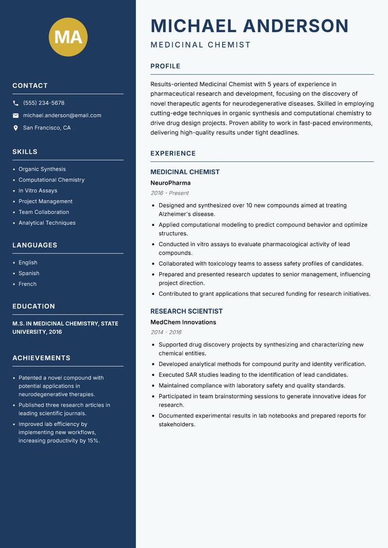 Medicinal Chemist resume template — Classic Clean