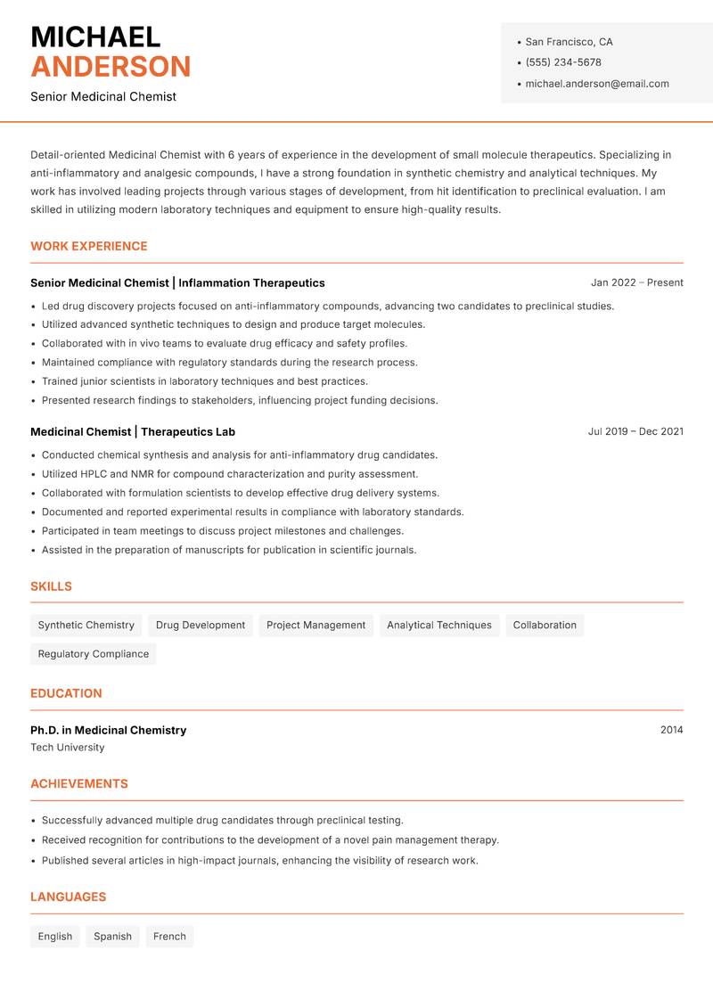 Medicinal Chemist resume template — Modern Professional