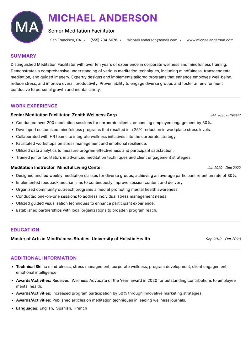 Meditation Facilitator resume example — ATS-friendly template