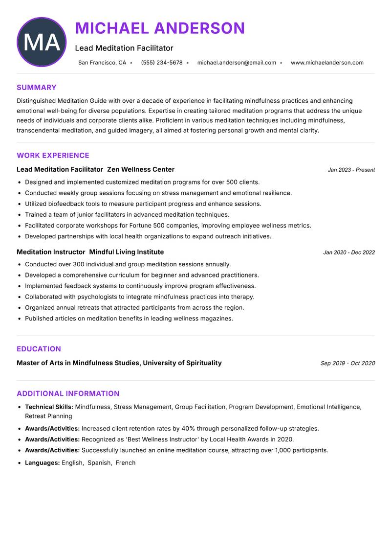 Meditation Guide resume example — ATS-friendly template