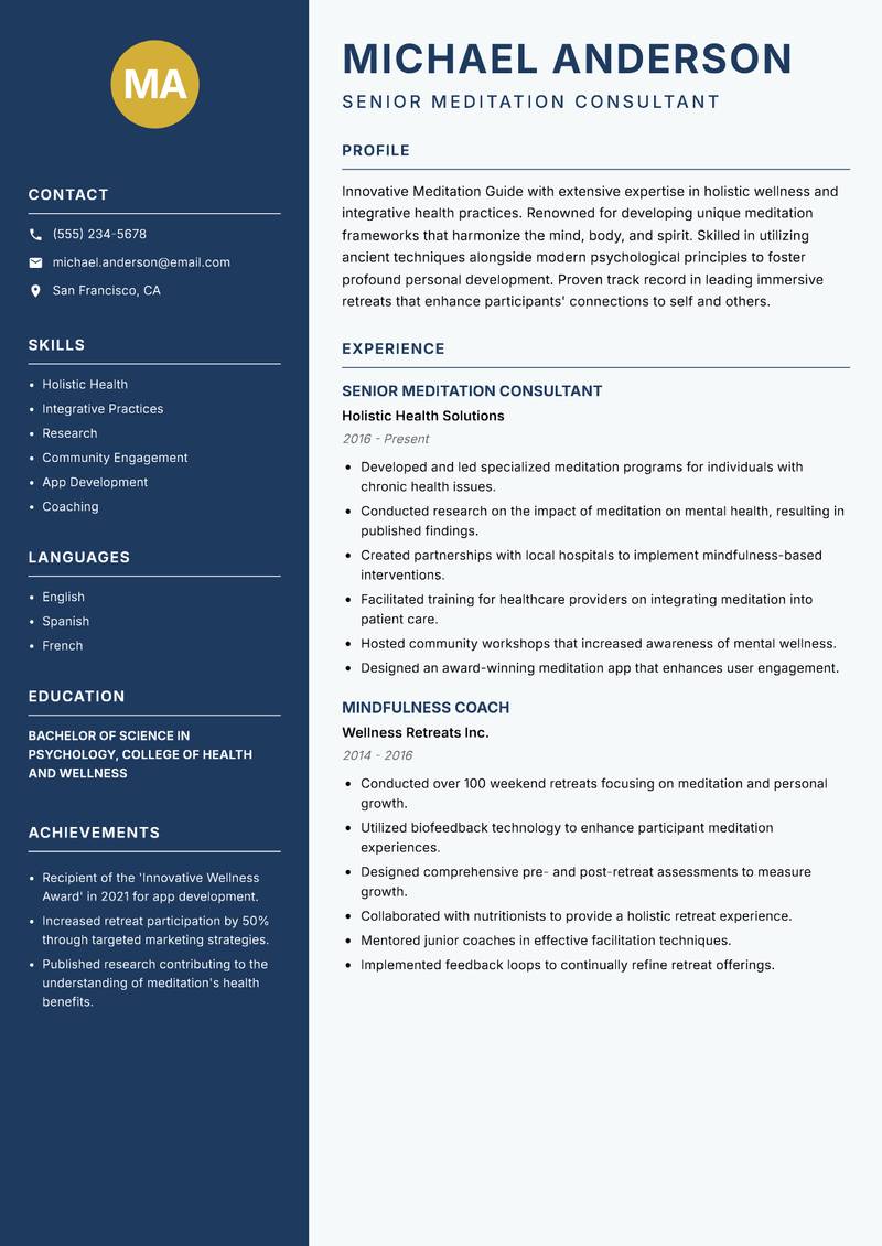 Meditation Guide resume template — Classic Clean