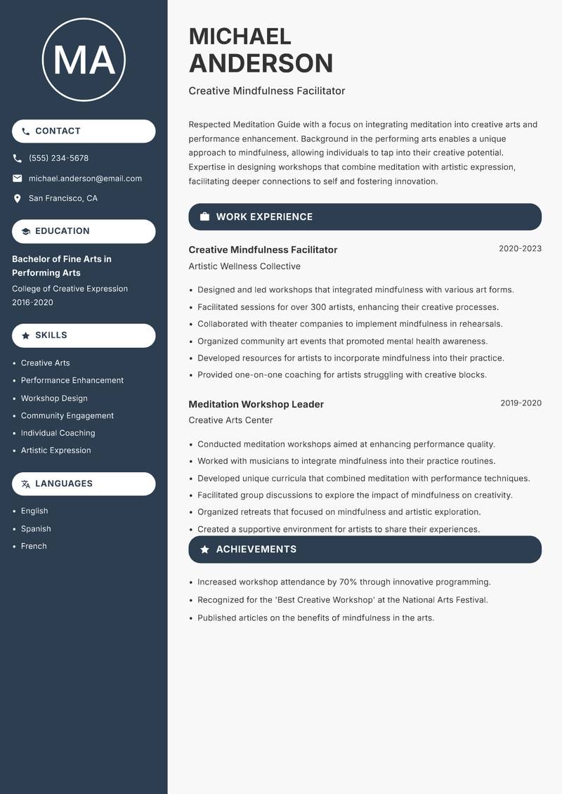 Meditation Guide resume template — Compact