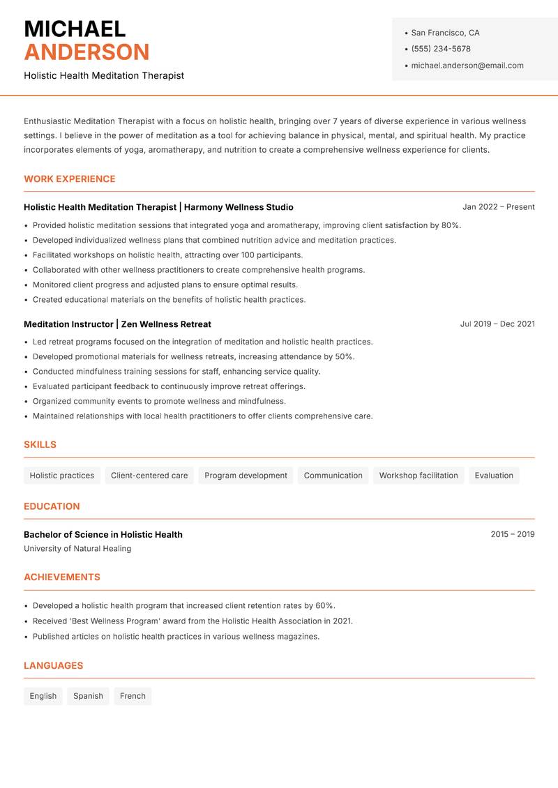 Meditation Therapist resume template — Modern Professional