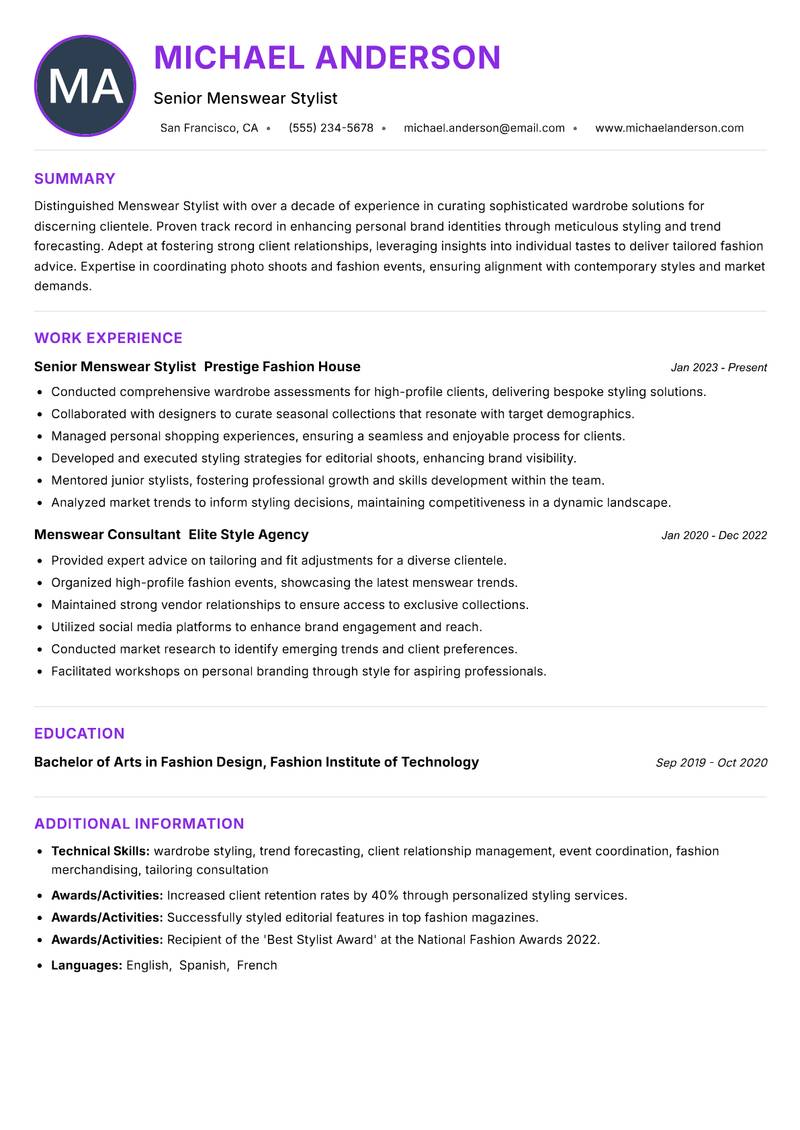 Menswear Stylist resume example — ATS-friendly template