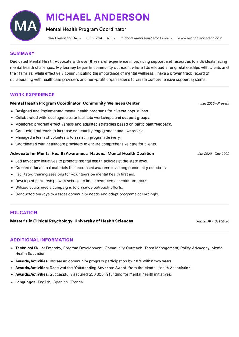 Mental Health Advocate resume example — ATS-friendly template