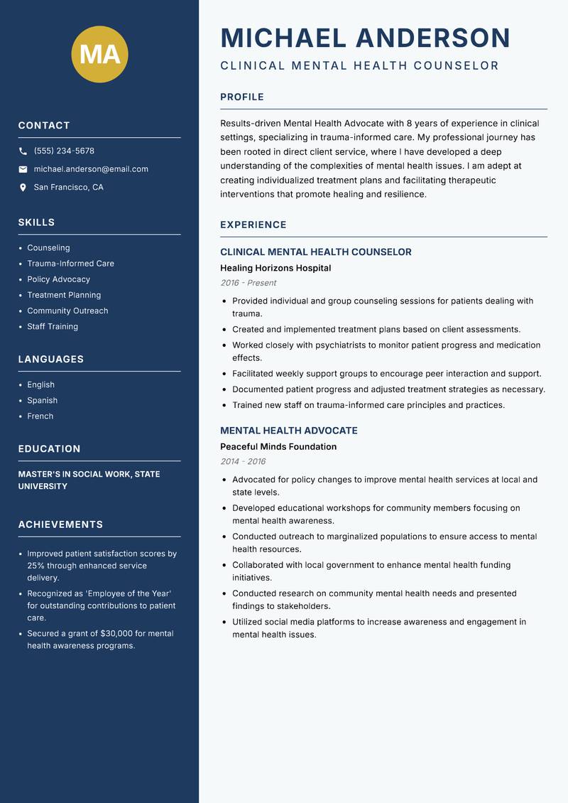 Mental Health Advocate resume template — Classic Clean