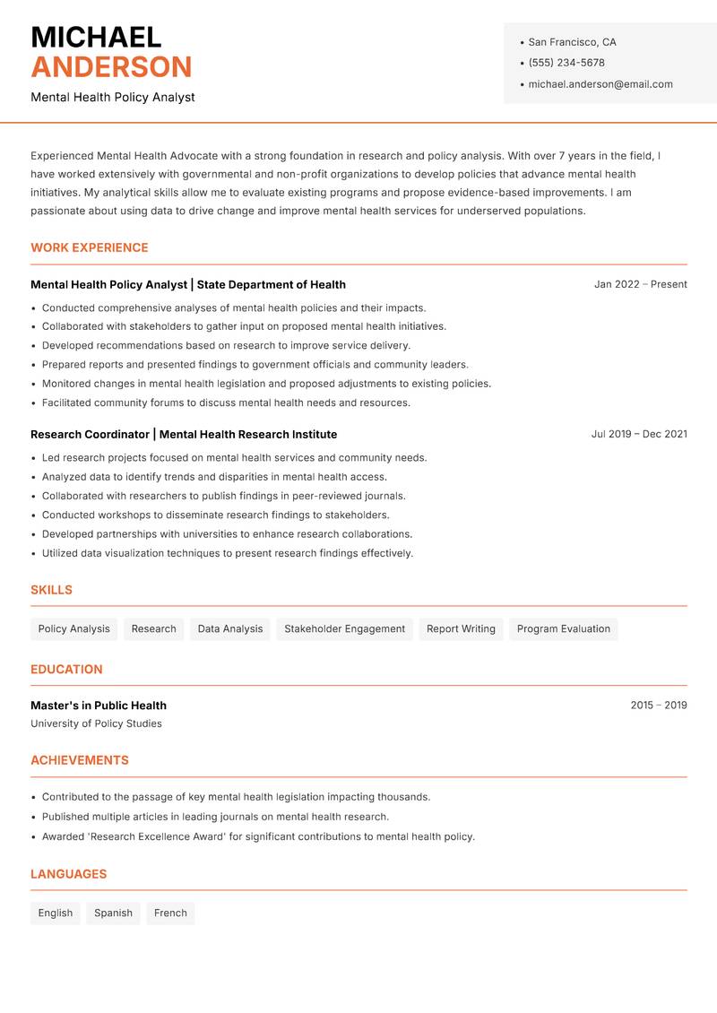 Mental Health Advocate resume template — Modern Professional