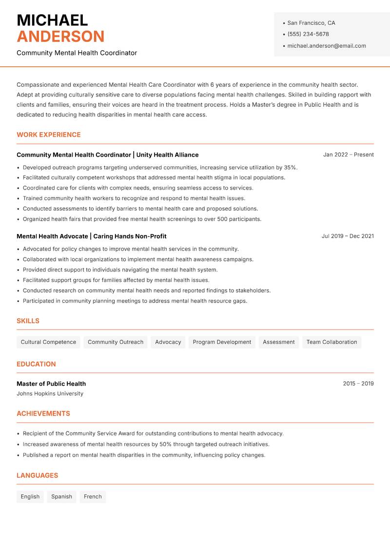 Mental Health Care Coordinator resume template — Modern Professional