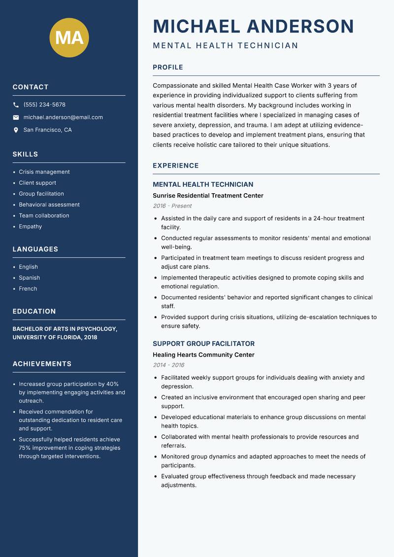 Mental Health Case Worker resume template — Classic Clean