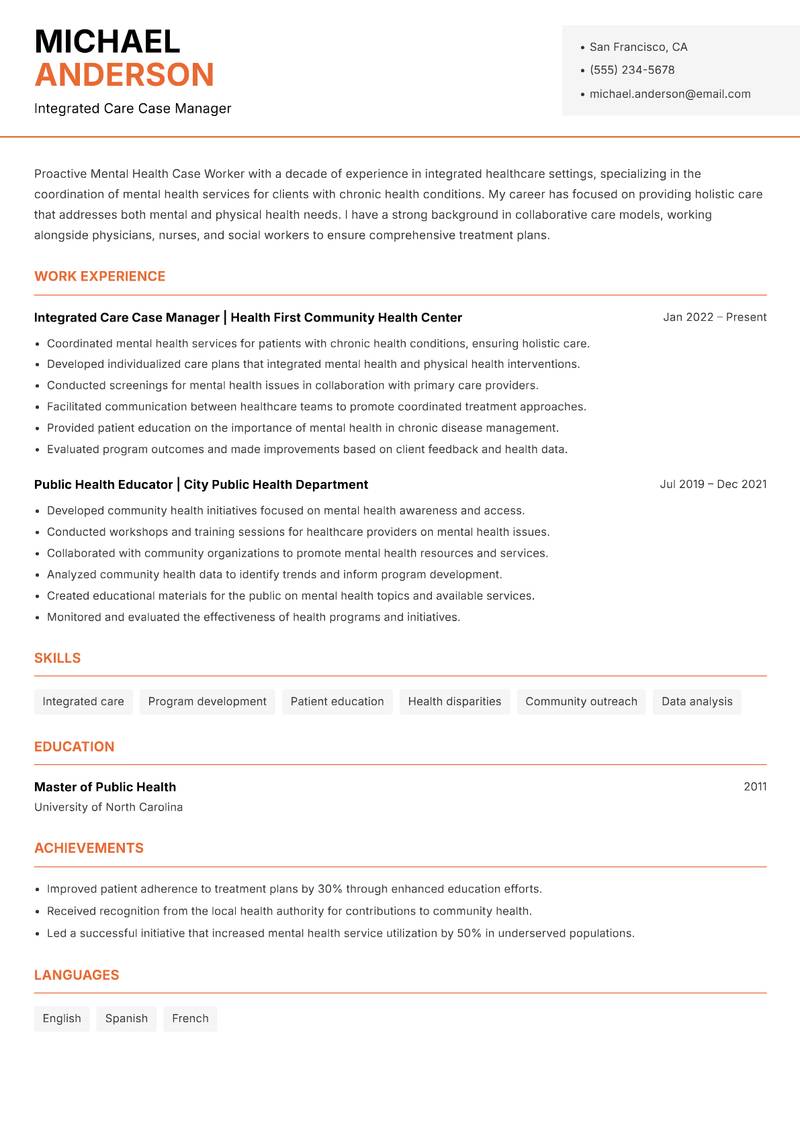 Mental Health Case Worker resume template — Modern Professional