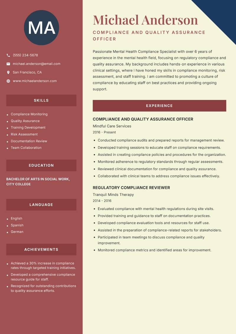 Mental Health Compliance Specialist resume template — Two Column